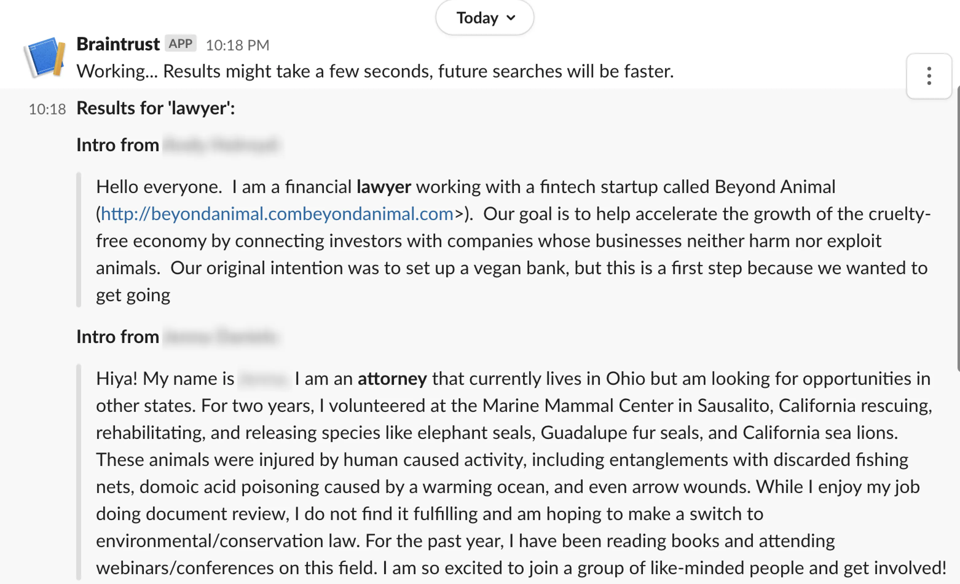 A screenshot of someone using the Braintrust slack bot to query 'lawyer,' with results that include 'attorney' being shown