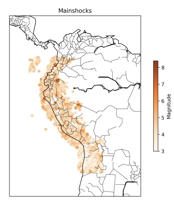 A map of earthquakes in South America after seismic catalog declustering was performed (now with less earthquakes)