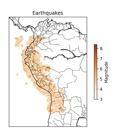 A map of earthquakes in South America before seismic catalog declustering was performed