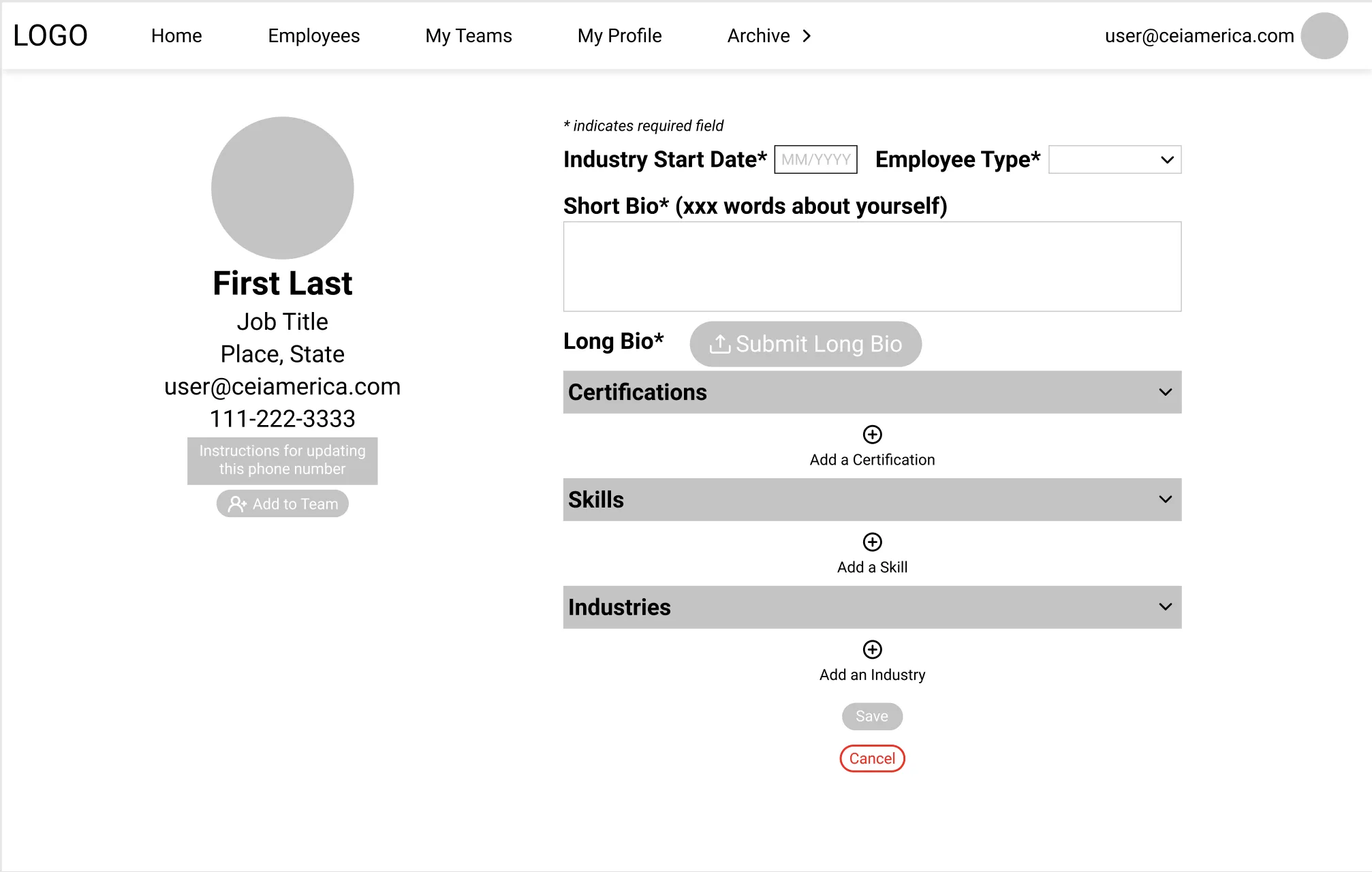 Low fidelity profile page prototype (in black and white and consisting of a nav bar, static profile information, places to enter information like a bio, skills, and employee type, and save and cancel buttons)